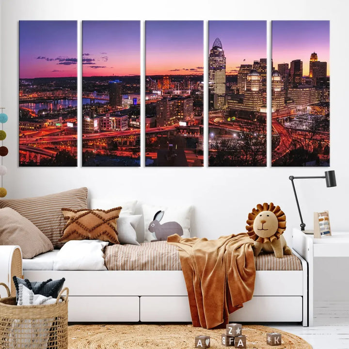 Cincinnati Red Purple Sunset Skyline Cityscape Wall Art Canvas Print