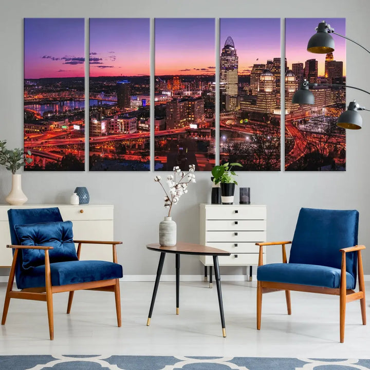 Cincinnati Red Purple Sunset Skyline Cityscape Wall Art Canvas Print