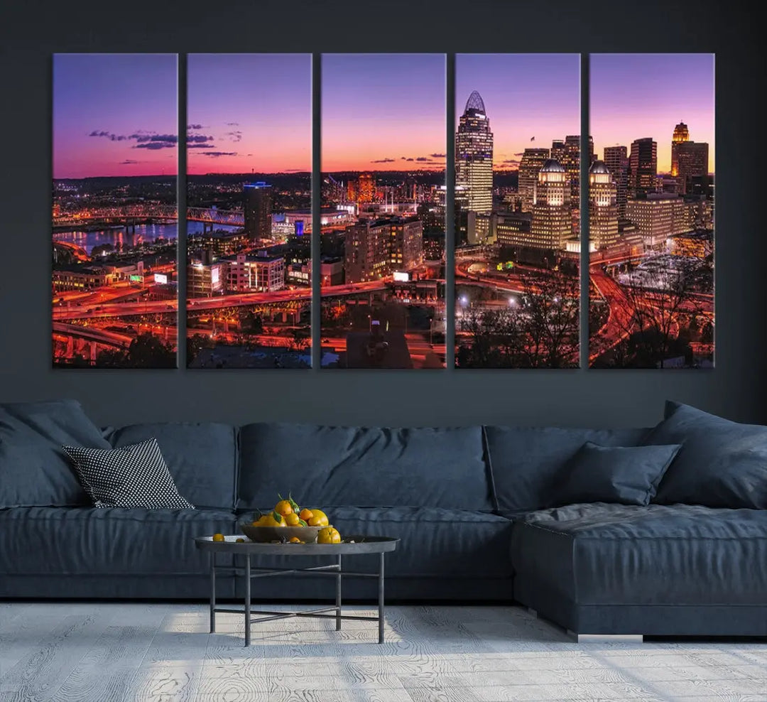 Cincinnati Red Purple Sunset Skyline Cityscape Wall Art Canvas Print