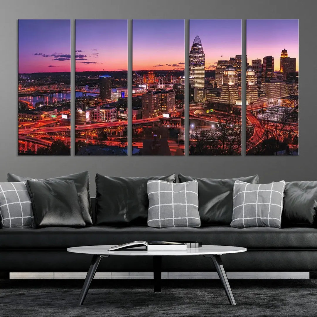 Cincinnati Red Purple Sunset Skyline Cityscape Wall Art Canvas Print