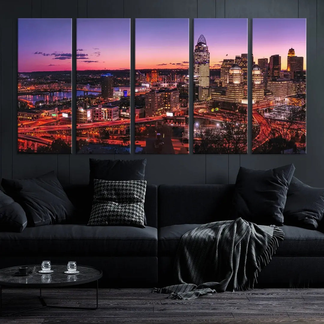 Cincinnati Red Purple Sunset Skyline Cityscape Wall Art Canvas Print