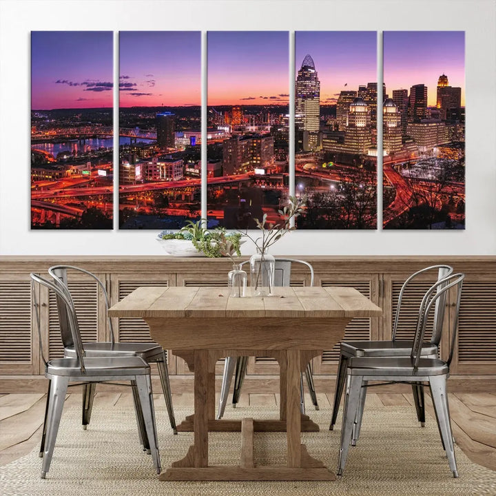 Cincinnati Red Purple Sunset Skyline Cityscape Wall Art Canvas Print