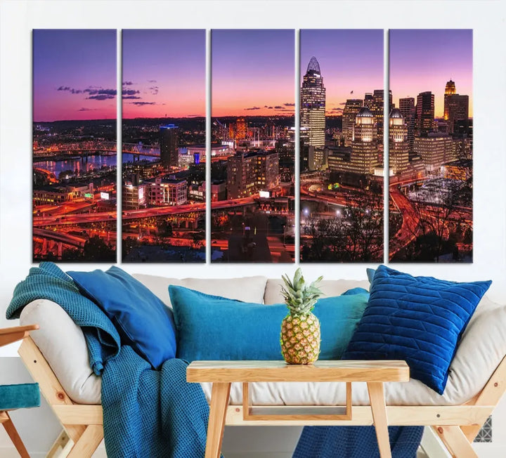 Cincinnati Red Purple Sunset Skyline Cityscape Wall Art Canvas Print