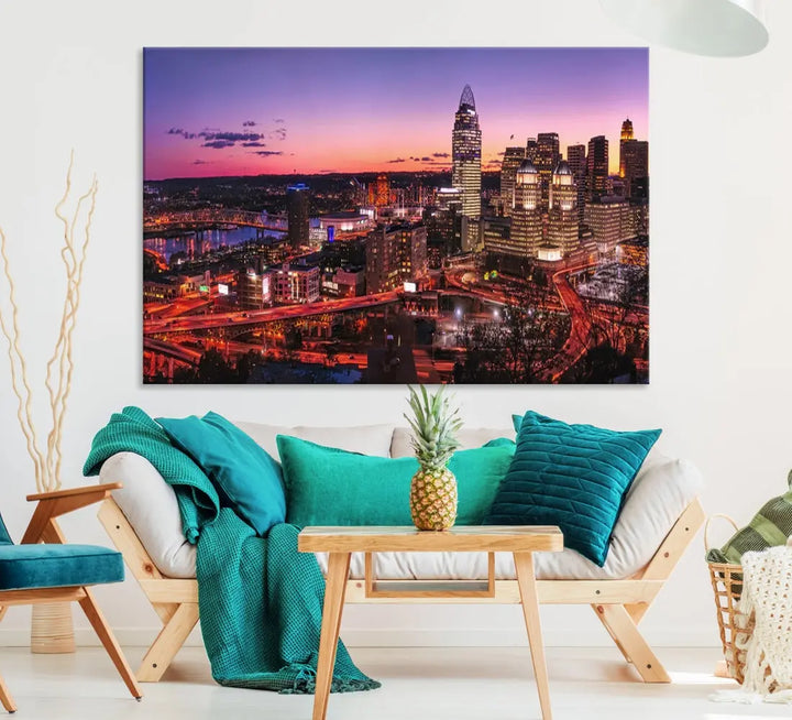 Cincinnati Red Purple Sunset Skyline Cityscape Wall Art Canvas Print