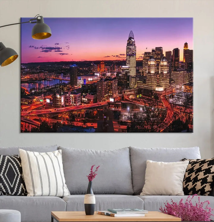 Cincinnati Red Purple Sunset Skyline Cityscape Wall Art Canvas Print