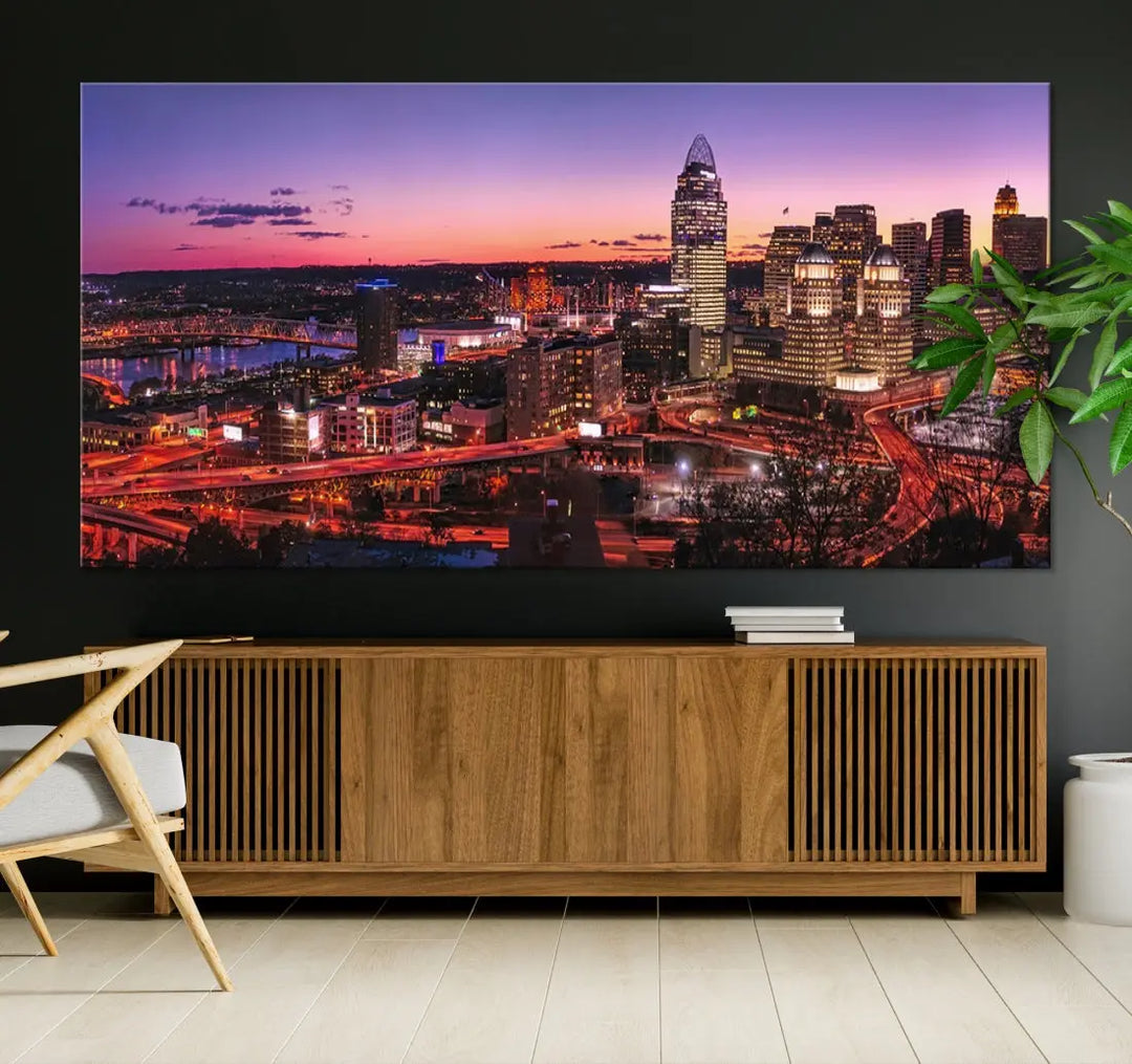 Cincinnati Red Purple Sunset Skyline Cityscape Wall Art Canvas Print