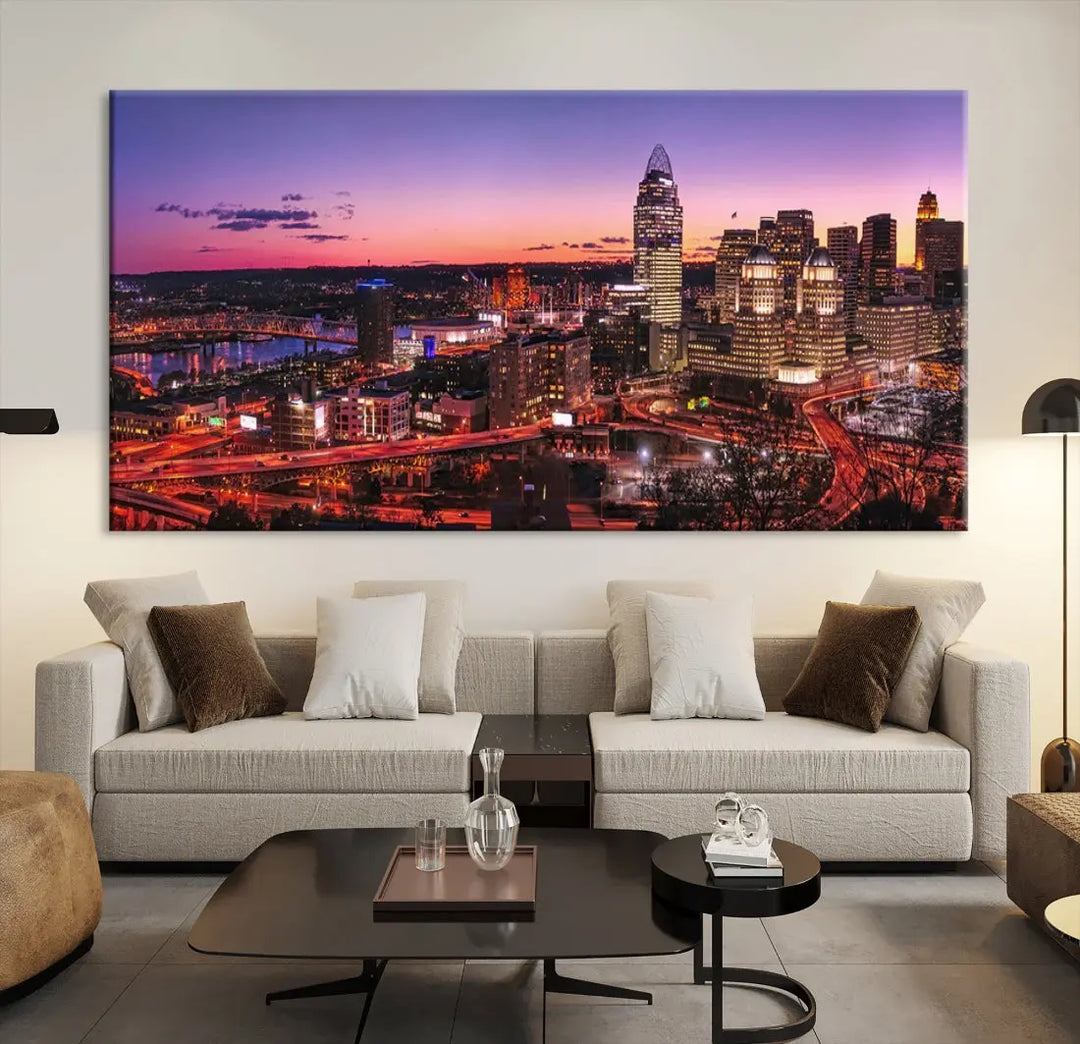 Cincinnati Red Purple Sunset Skyline Cityscape Wall Art Canvas Print