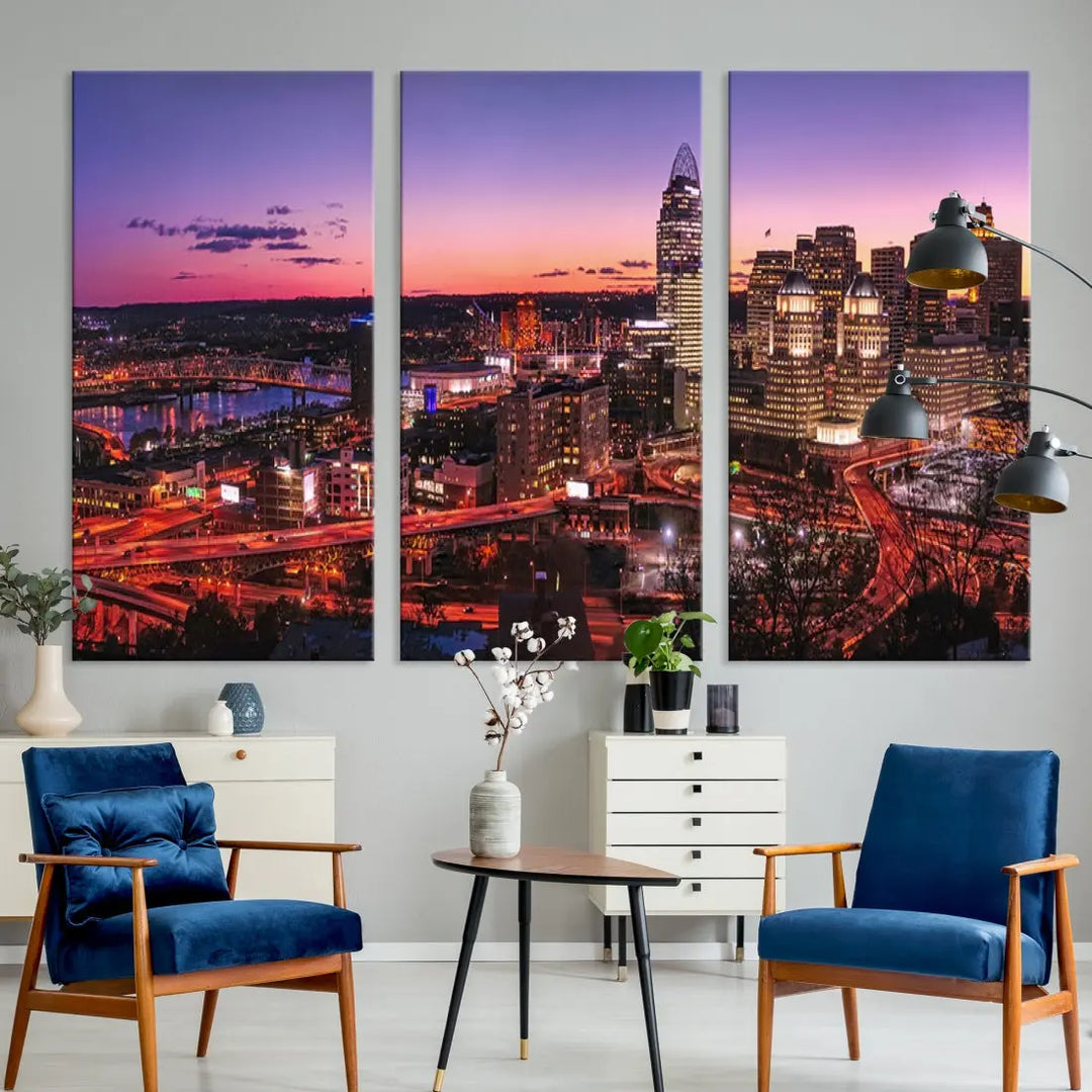 Cincinnati Red Purple Sunset Skyline Cityscape Wall Art Canvas Print