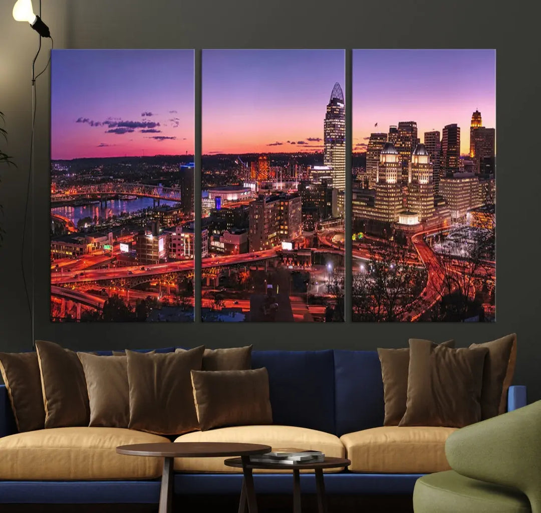 Cincinnati Red Purple Sunset Skyline Cityscape Wall Art Canvas Print