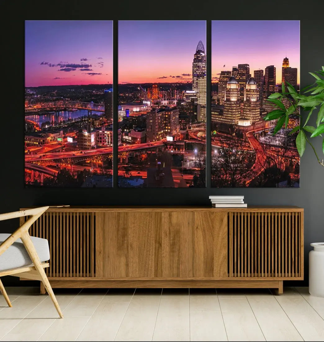 Cincinnati Red Purple Sunset Skyline Cityscape Wall Art Canvas Print