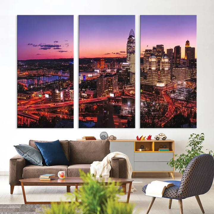 Cincinnati Red Purple Sunset Skyline Cityscape Wall Art Canvas Print