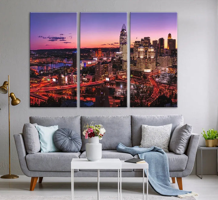 Cincinnati Red Purple Sunset Skyline Cityscape Wall Art Canvas Print