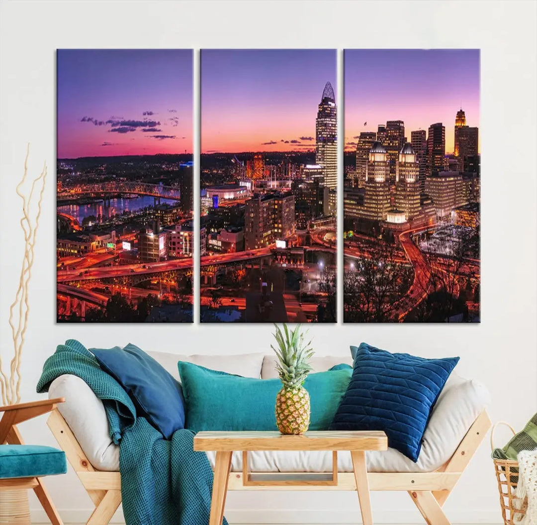 Cincinnati Red Purple Sunset Skyline Cityscape Wall Art Canvas Print