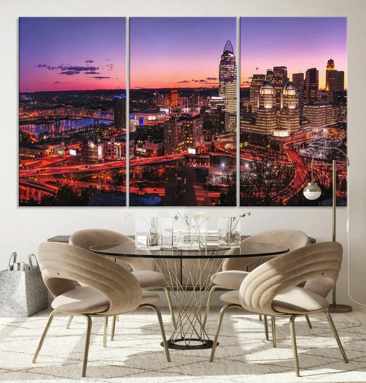 Cincinnati Red Purple Sunset Skyline Cityscape Wall Art Canvas Print