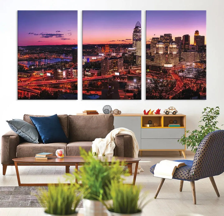 Cincinnati Red Purple Sunset Skyline Cityscape Wall Art Canvas Print