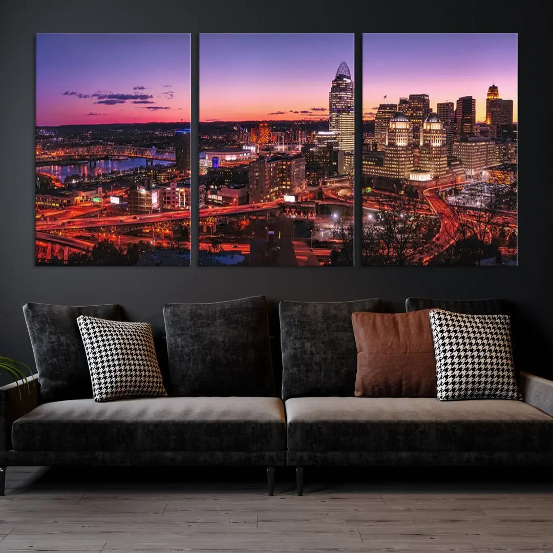 Cincinnati Red Purple Sunset Skyline Cityscape Wall Art Canvas Print