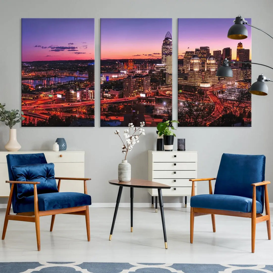 Cincinnati Red Purple Sunset Skyline Cityscape Wall Art Canvas Print