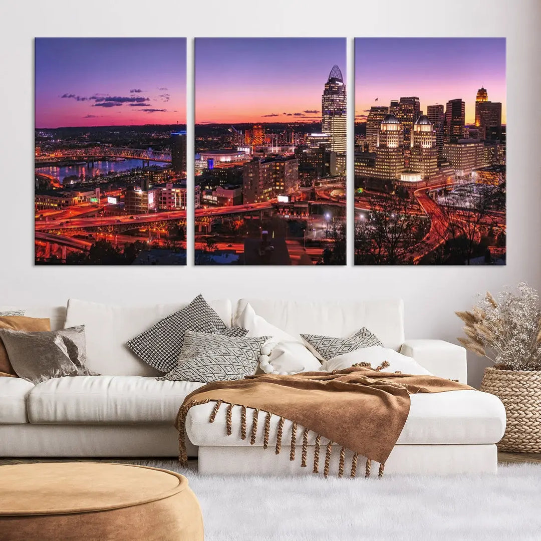 Cincinnati Red Purple Sunset Skyline Cityscape Wall Art Canvas Print