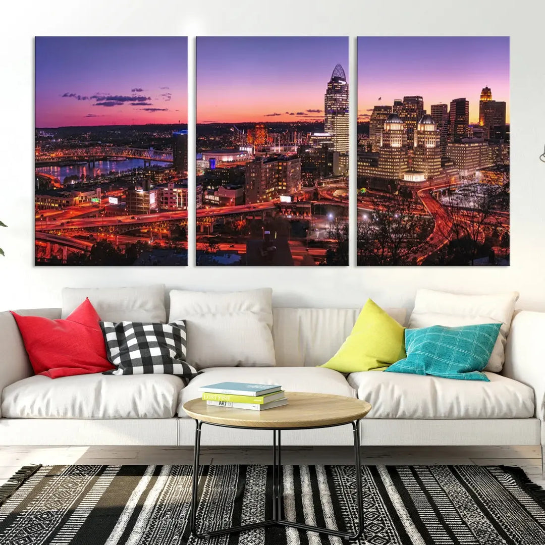 Cincinnati Red Purple Sunset Skyline Cityscape Wall Art Canvas Print