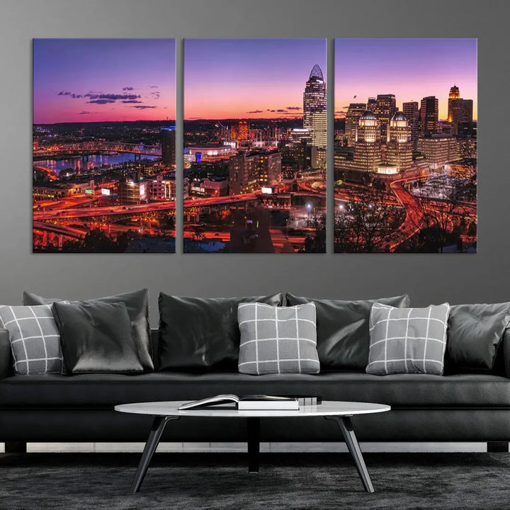 Cincinnati Red Purple Sunset Skyline Cityscape Wall Art Canvas Print