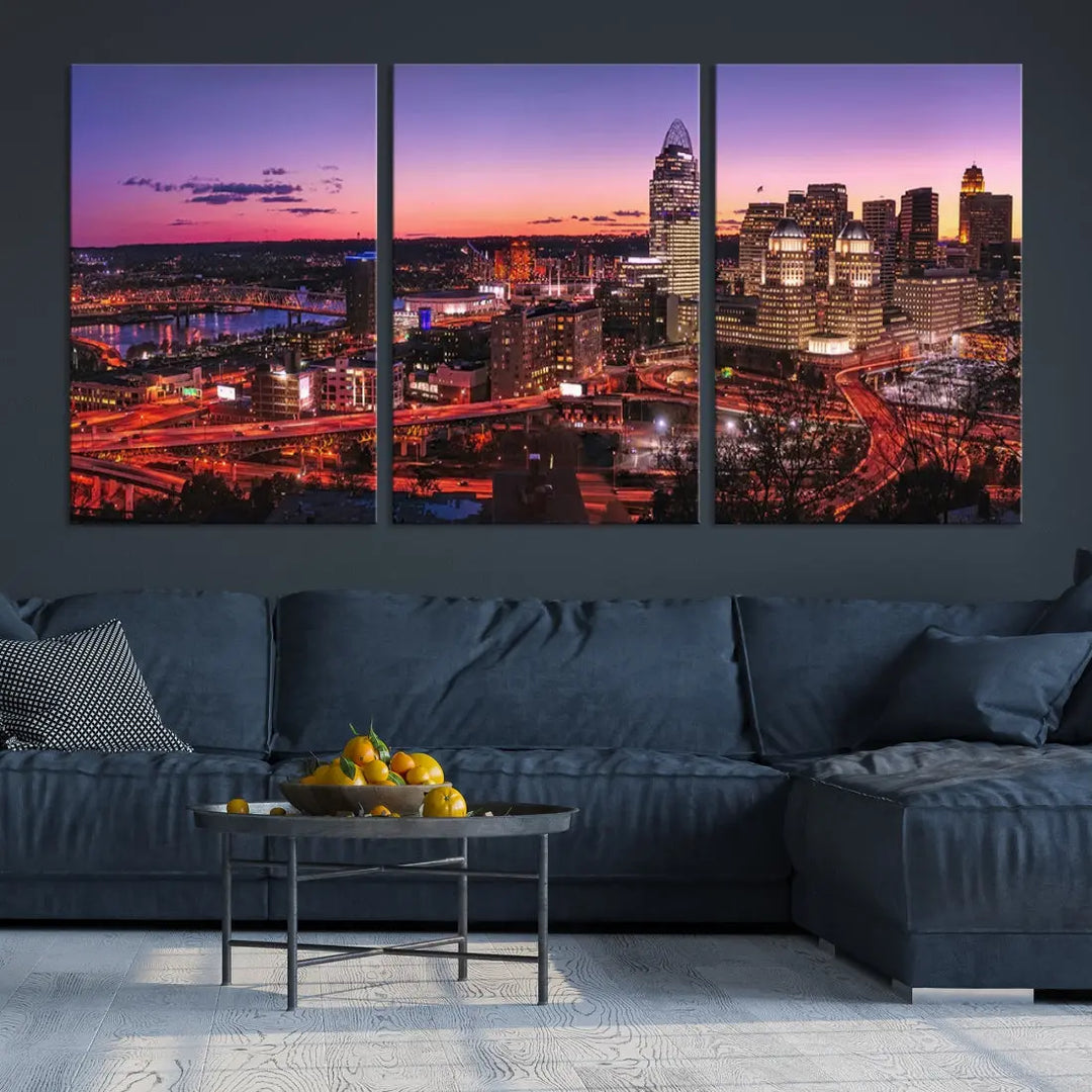 Cincinnati Red Purple Sunset Skyline Cityscape Wall Art Canvas Print