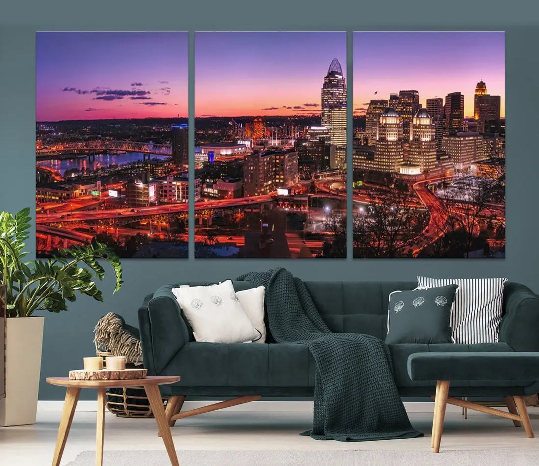 Cincinnati Red Purple Sunset Skyline Cityscape Wall Art Canvas Print