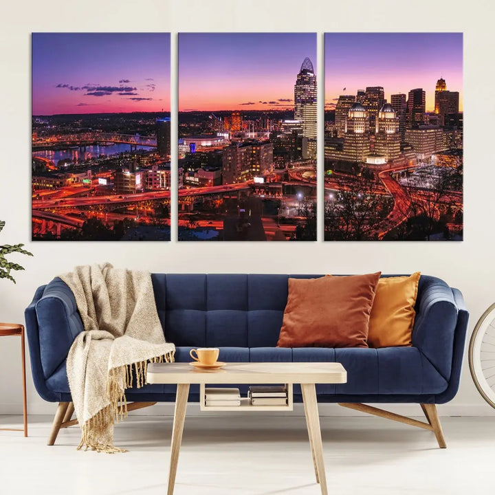 Cincinnati Red Purple Sunset Skyline Cityscape Wall Art Canvas Print