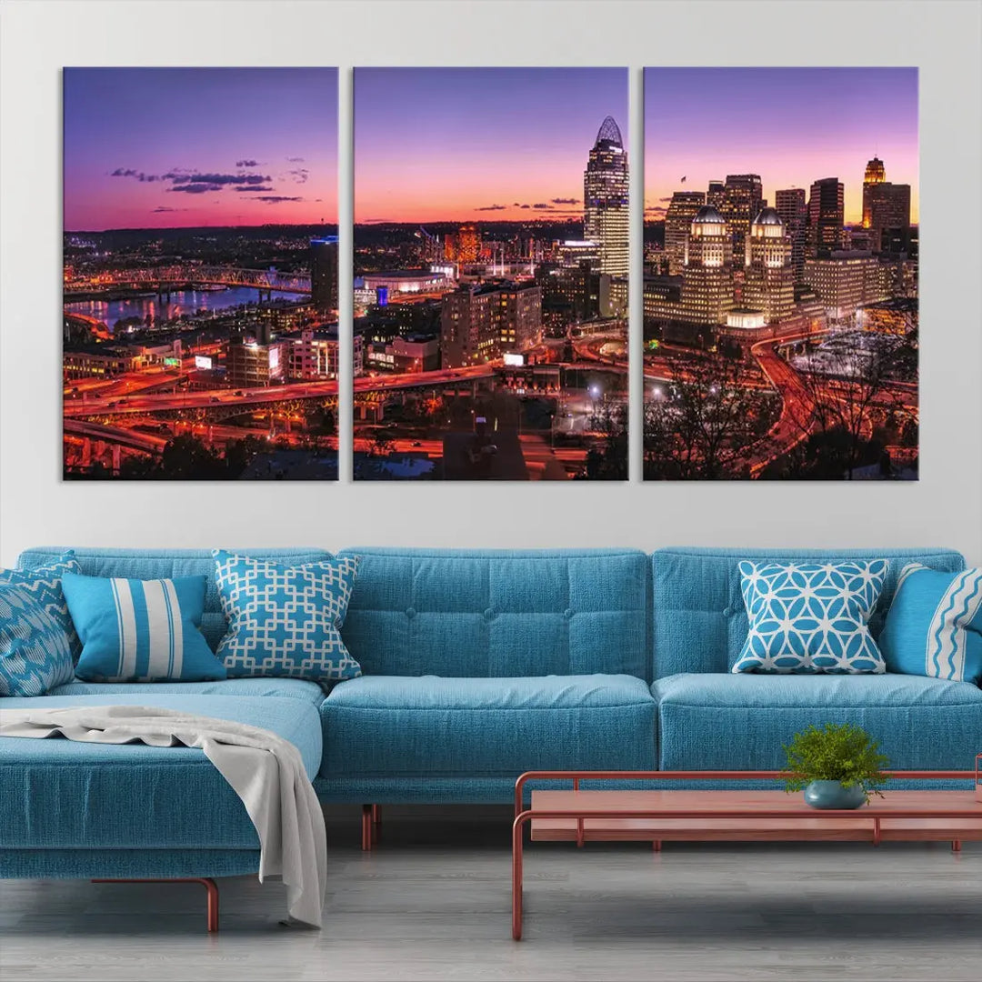 Cincinnati Red Purple Sunset Skyline Cityscape Wall Art Canvas Print