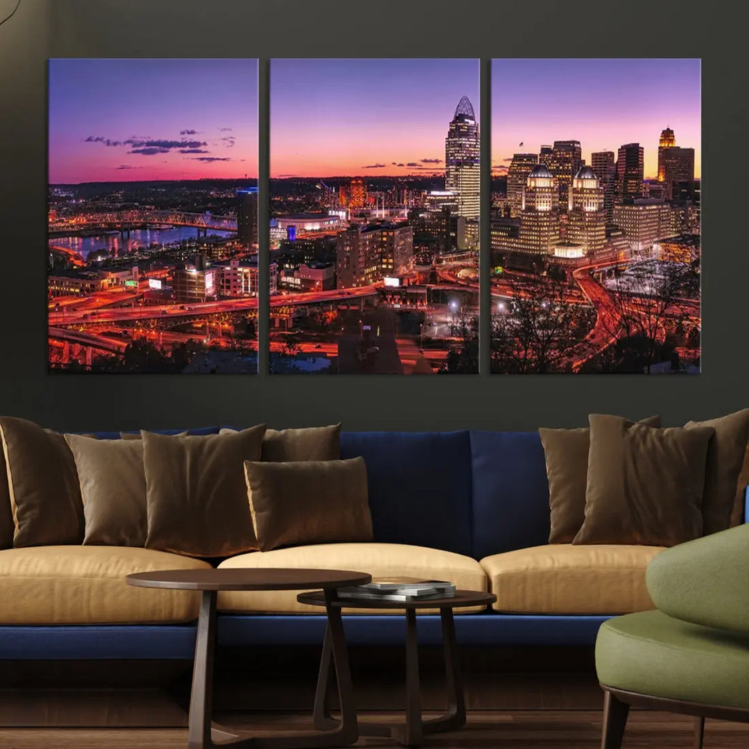 Cincinnati Red Purple Sunset Skyline Cityscape Wall Art Canvas Print