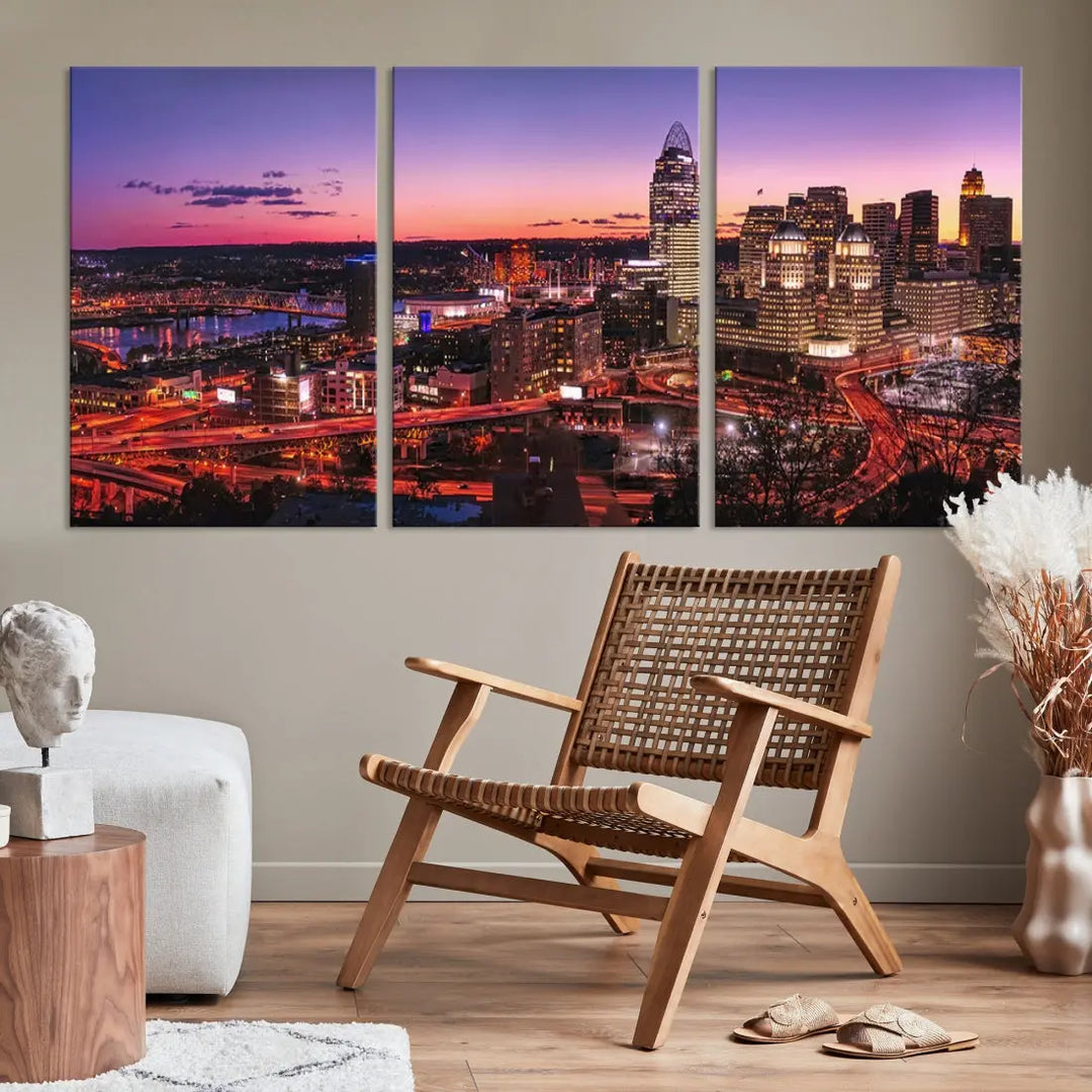 Cincinnati Red Purple Sunset Skyline Cityscape Wall Art Canvas Print