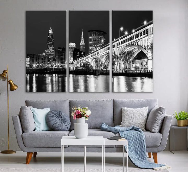 Cleveland Bridge Night Skyline Wall Art Cityscape Canvas Print Framed