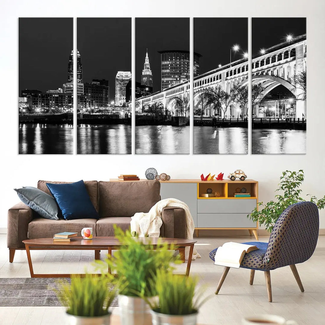 Cleveland Bridge Night Skyline Wall Art Cityscape Canvas Print Framed