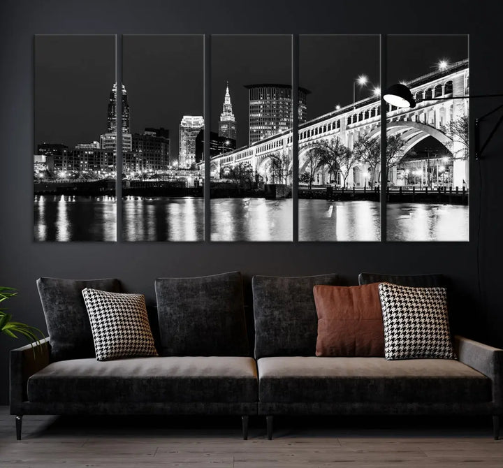 Cleveland Bridge Night Skyline Wall Art Cityscape Canvas Print Framed