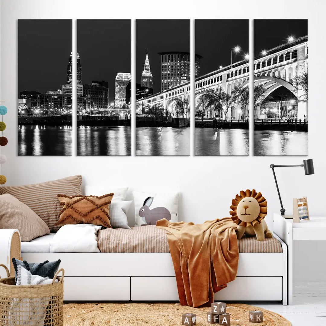 Cleveland Bridge Night Skyline Wall Art Cityscape Canvas Print Framed