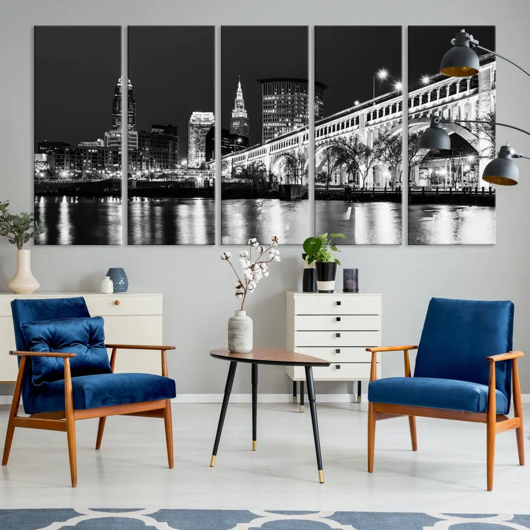 Cleveland Bridge Night Skyline Wall Art Cityscape Canvas Print Framed