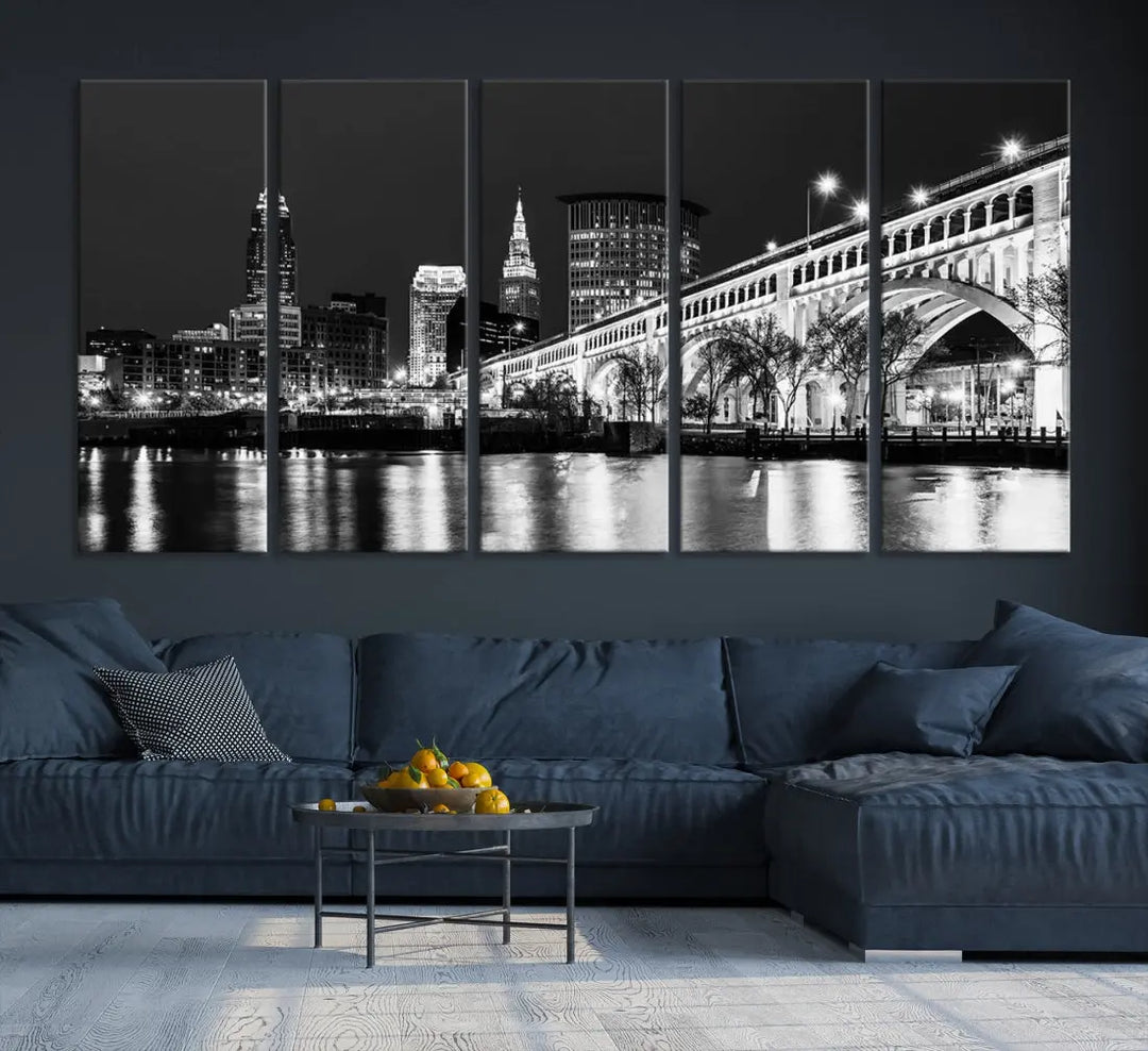 Cleveland Bridge Night Skyline Wall Art Cityscape Canvas Print Framed