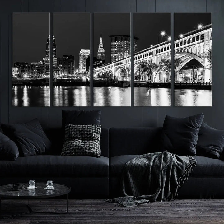 Cleveland Bridge Night Skyline Wall Art Cityscape Canvas Print Framed