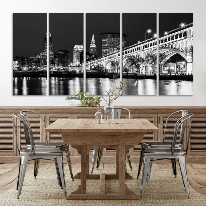 Cleveland Bridge Night Skyline Wall Art Cityscape Canvas Print Framed