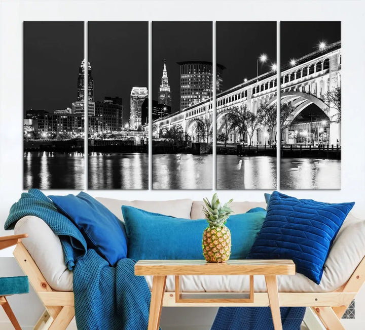 Cleveland Bridge Night Skyline Wall Art Cityscape Canvas Print Framed