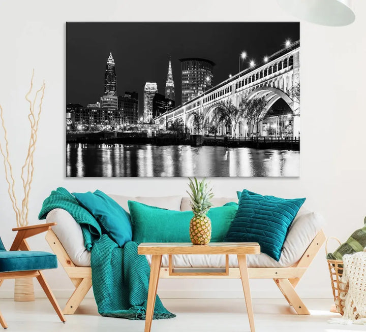 Cleveland Bridge Night Skyline Wall Art Cityscape Canvas Print Framed