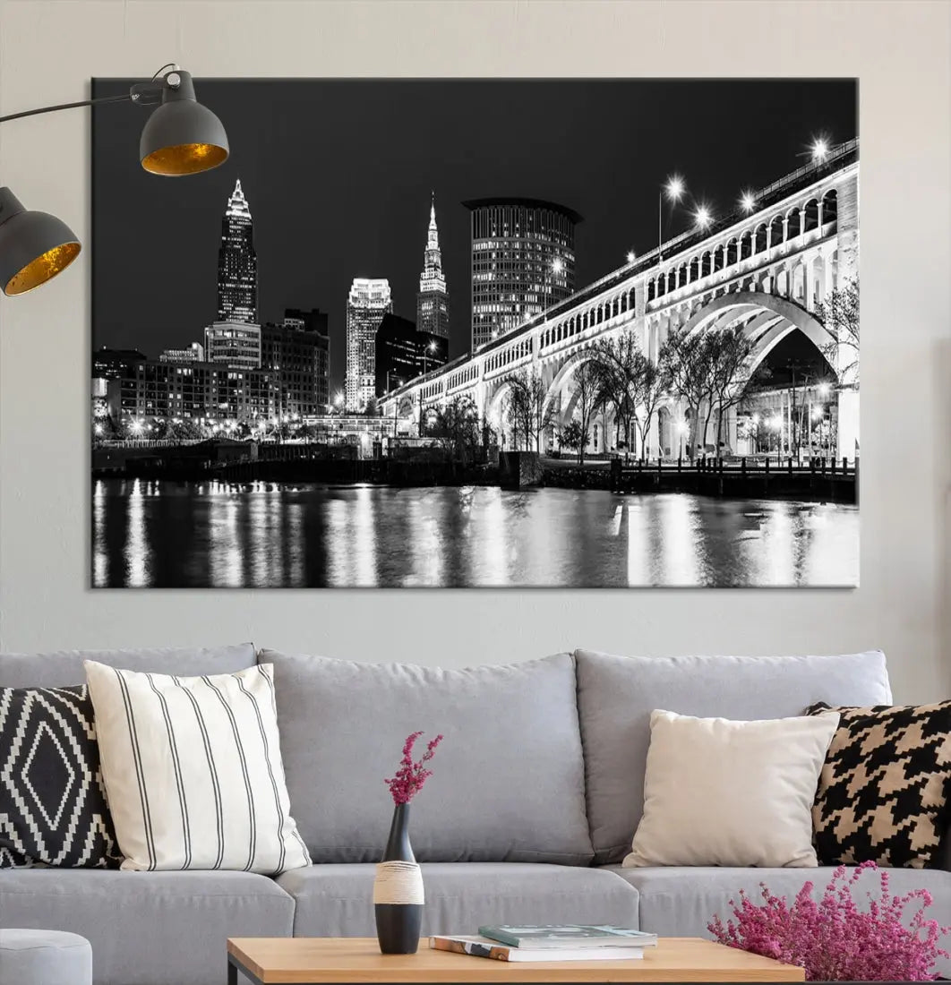 Cleveland Bridge Night Skyline Wall Art Cityscape Canvas Print Framed