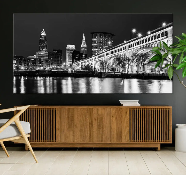 Cleveland Bridge Night Skyline Wall Art Cityscape Canvas Print Framed