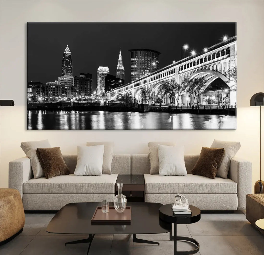 Cleveland Bridge Night Skyline Wall Art Cityscape Canvas Print Framed