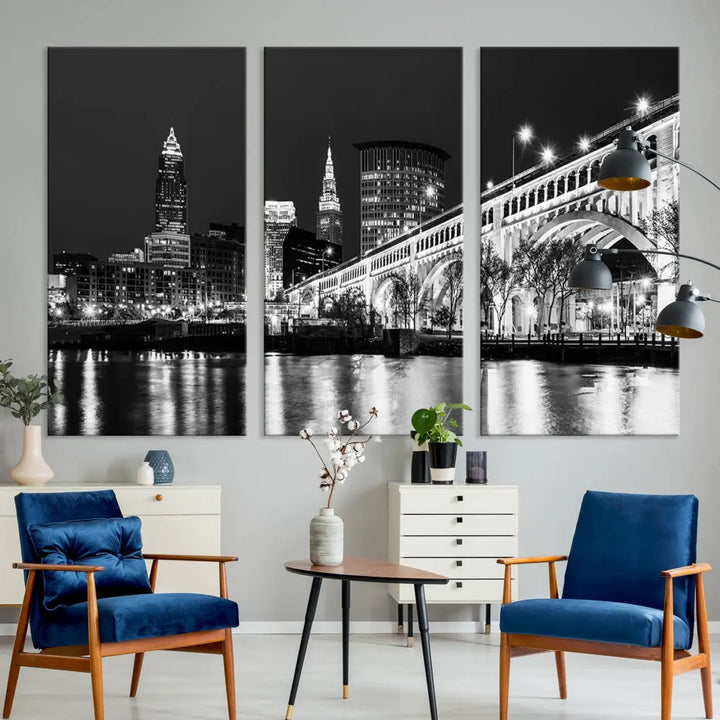 Cleveland Bridge Night Skyline Wall Art Cityscape Canvas Print Framed