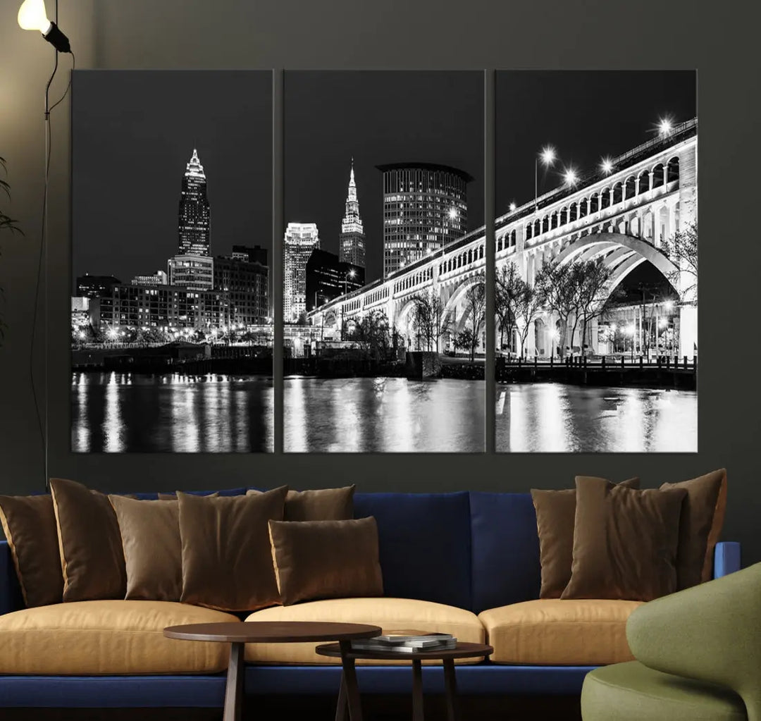 Cleveland Bridge Night Skyline Wall Art Cityscape Canvas Print Framed