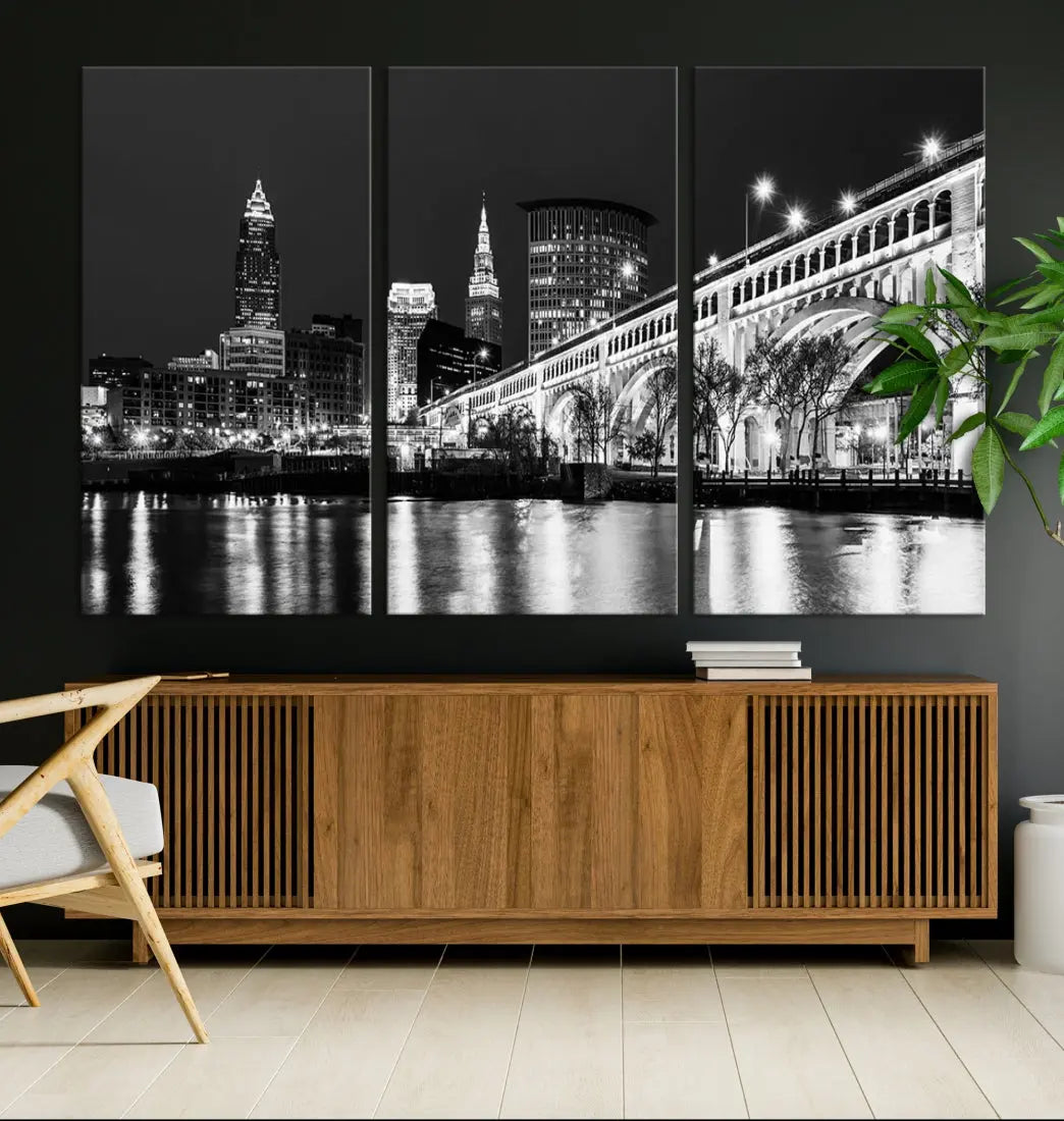 Cleveland Bridge Night Skyline Wall Art Cityscape Canvas Print Framed