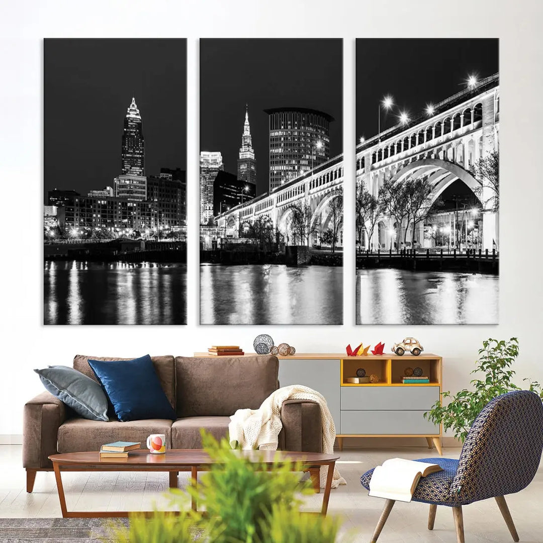 Cleveland Bridge Night Skyline Wall Art Cityscape Canvas Print Framed