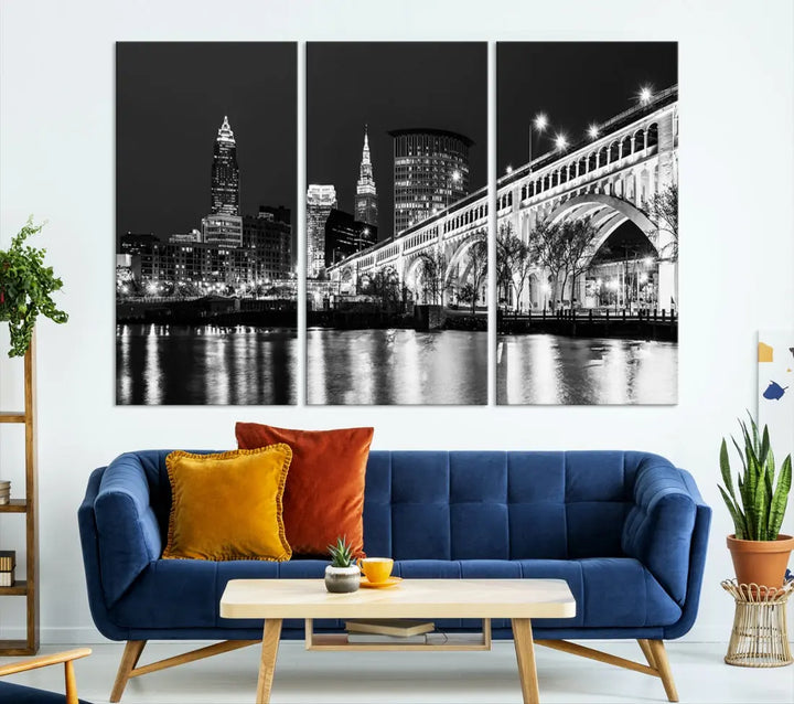 Cleveland Bridge Night Skyline Wall Art Cityscape Canvas Print Framed