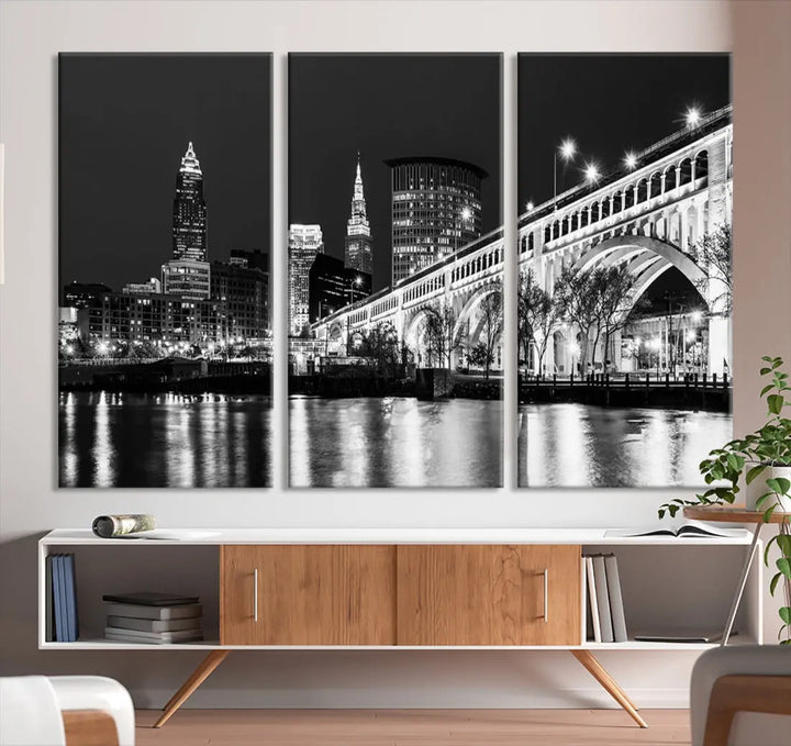 Cleveland Bridge Night Skyline Wall Art Cityscape Canvas Print Framed