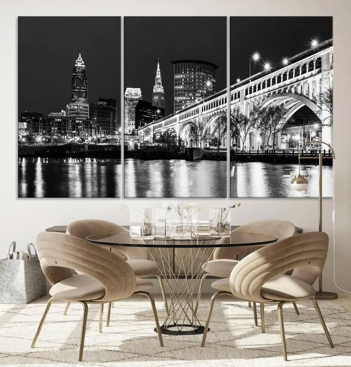 Cleveland Bridge Night Skyline Wall Art Cityscape Canvas Print Framed